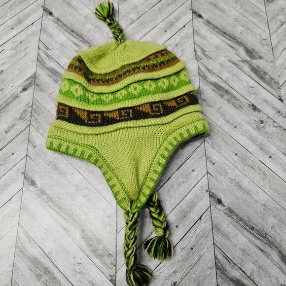 Alpaca Chullo Beanie Green Toddler Kids 100% Wool - Picture 2 of 6